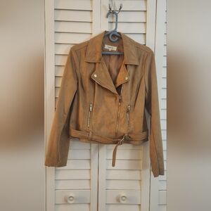 Chic Wildflower Cropped Faux Suede Moto Jacket – Tan/Camel - Size Medium